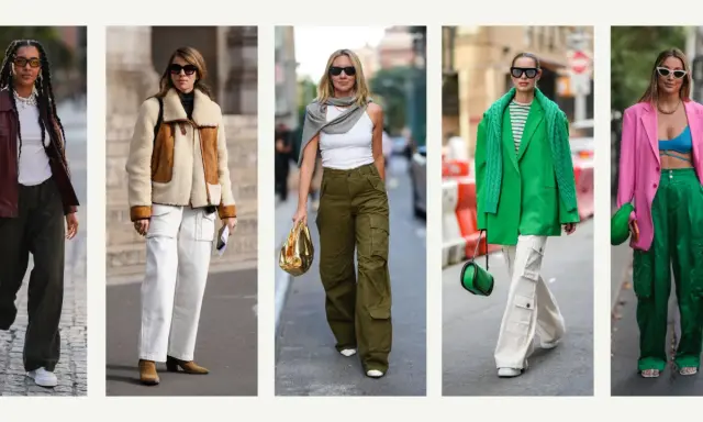Five women showcase stylish outfits featuring cargo pants in various colors and styles, proving what is cargo pants and how versatile they are.
