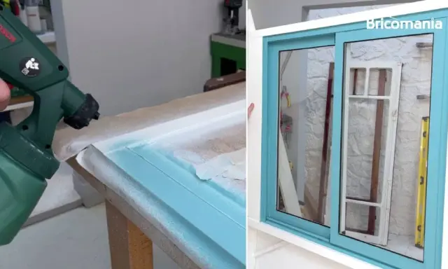 Pistola Bosch pintando marco de ventana de aluminio de color azul turquesa. El resultado es una ventana renovada y brillante.
