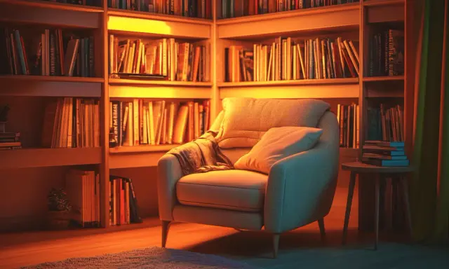 Un fauteuil confortable invite à la lecture dans ce havre de paix, entouré d'étagères remplies de livres.