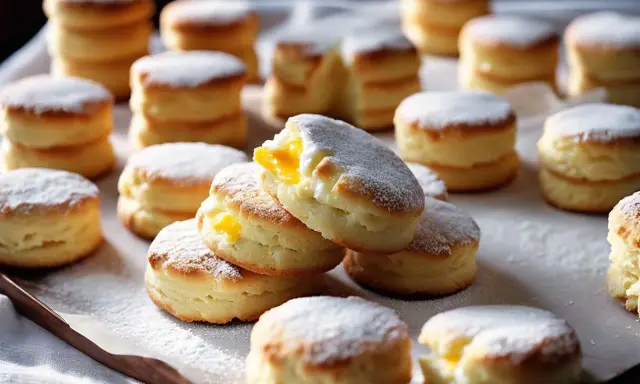Délicieux biscuits cuillère saupoudrés de sucre glace, certains garnis d'une crème jaune. Parfait pour une recette facile et gourmande.