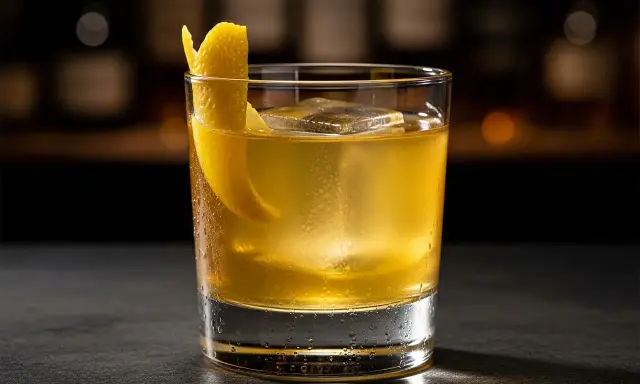 En gyllene drink med is och citronskal, en riktig "gold rush drink" som väntar på att avnjutas.