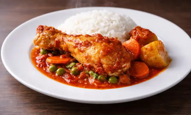 Estofado de pollo con arroz blanco, zanahorias y guisantes en una salsa roja.