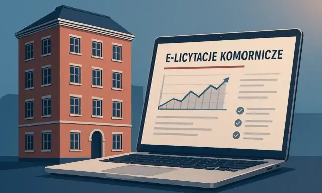 Kamienica obok laptopa z napisem "E-licytacje komornicze" i wykresem wzrostu. Domy wystawione na licytacje przez komornika.