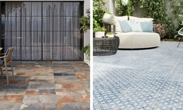 Deux terrasses : une avec un carrelage extérieur imitation ardoise, l'autre avec un carrelage extérieur bleu et blanc à motifs.