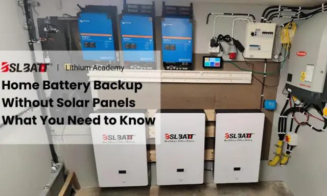 Här visas ett system för batteribackup i hus, med tre vita batterienheter och flera blå växelriktare monterade på väggen.