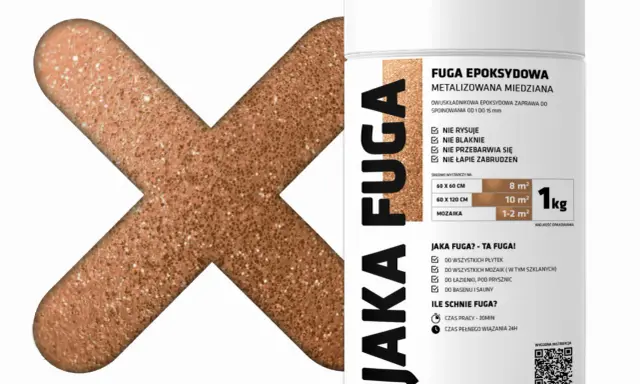 Metalizowana fuga epoksydowa w kolorze miedzianym. Nie rysuje, nie blaknie, nie przebarwia się, nie łapie zabrudzeń. Idealna do łazienki, pod prysznic, basenu i sauny.