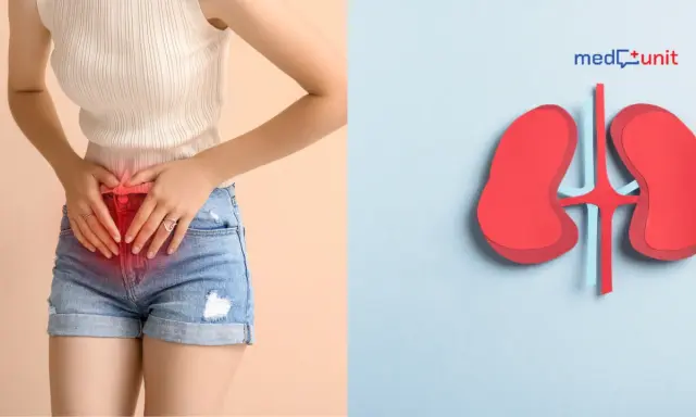 Kobieta z bólem w podbrzuszu i symbol nerek. Gdy czujesz ból, pomyśl o antybiotyku na nerki.
