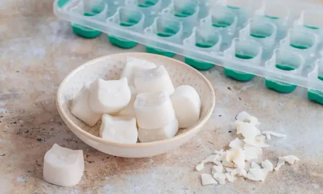 Kleine, weiße Eiswürfel in Katzenform liegen in einer Schale. Sie sind das Ergebnis von kokosmilch einfrieren. Daneben eine leere Eiswürfelform.