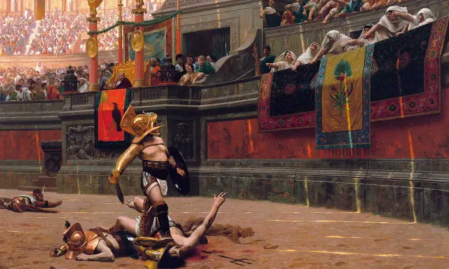 Ein siegreicher Gladiator im alten Rom steht über seinen besiegten Gegnern. Die Menge jubelt von den Rängen.