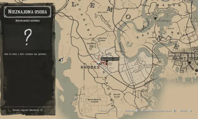 Mapa RDR2 z zaznaczoną lokacją "Nieznajoma osoba" w Rhodes. Rozpocznij nowe rdr2 misje, by odkryć tajemnicę.