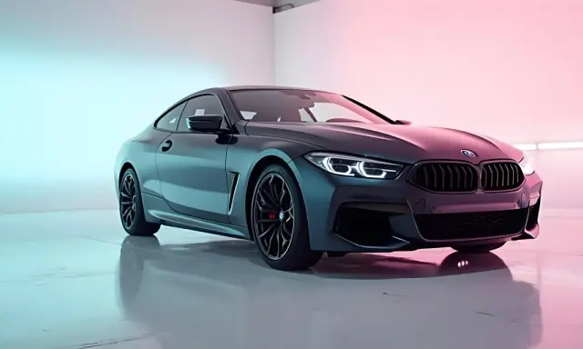 Elegancka, ciemna coupe BMW z podświetlanymi światłami, prezentowana na profesjonalnej fotografii samochodowej.