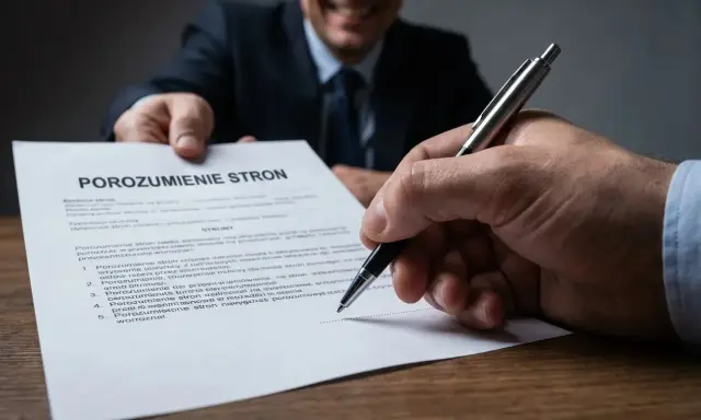 Podpisanie porozumienia stron. Dwie osoby dochodzą do ugody, jedna podaje dokument, druga podpisuje.