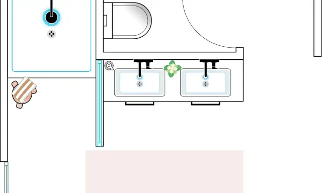 Plano de baño con ducha, inodoro, lavabo doble y toalla. Incluye detalles para planos de baños con medidas.