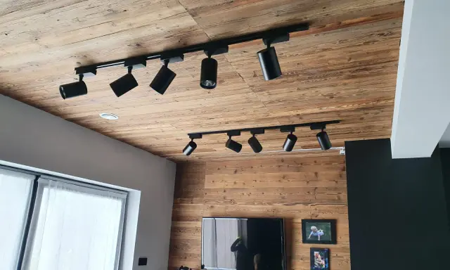 Drewniany sufit z szynoprzewodami i reflektorami to świetny pomysł na sufit w pokoju.