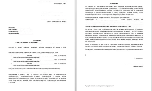 Formularz odwołania od decyzji ubezpieczyciela, zawierający dane szkody, uzasadnienie i żądanie zapłaty.