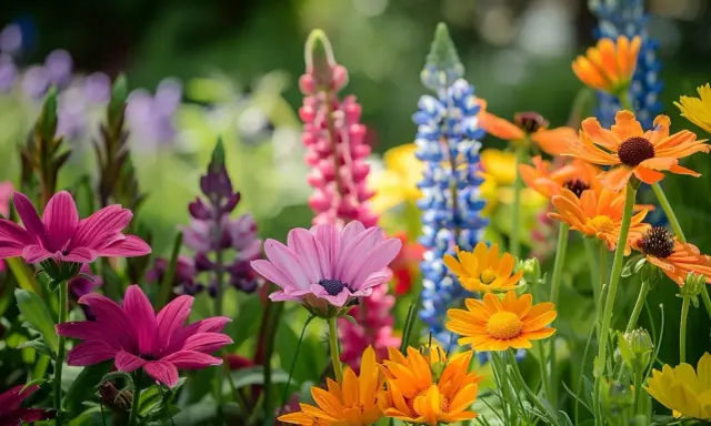 Un joyeux mélange de fleurs colorées, parfaites pour une jardinière : marguerites roses, lupins bleus et roses, et des fleurs orange vif.