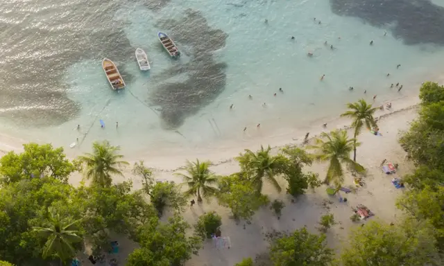 Rajska plaża na Gwadelupie Francuskiej. Ludzie kąpią się w turkusowej wodzie, łodzie kołyszą się przy brzegu, a palmy szumią nad piaszczystą plażą.