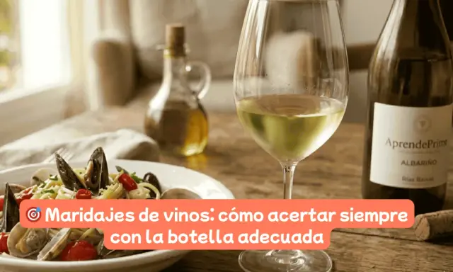 Plato de pasta con mariscos, copa de vino blanco y botella de Albariño. Guía para maridajes de vinos perfectos.