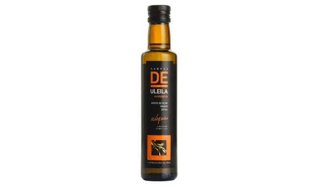Botella de aceite de oliva virgen extra ecológico Uleila, variedad arbequina. Descubre sus propiedades.