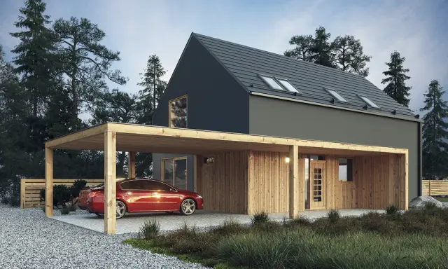 Maison moderne avec carport en bois abritant une voiture rouge. La législation sur les carports est importante pour de tels aménagements.