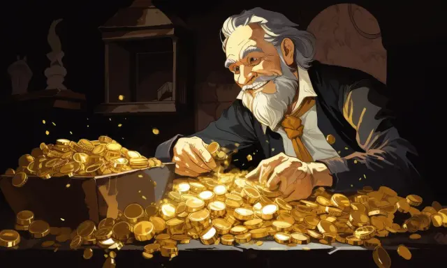 Uśmiechnięty starzec z siwą brodą przegląda stos złotych monet, jakby był postacią z karty 4 monet tarot.