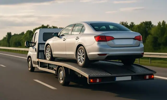 Srebrny samochód osobowy transportowany na lawecie po autostradzie.