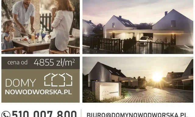 Reklama na ogrodzeniu: nowoczesne domy Nowodworska.pl, cena od 4855 zł/m², tel. 510 007 800.