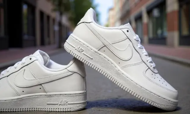 Białe sneakersy Nike Air Force 1 na ulicy. Zastanawiasz się, czym się różnią Air Force 1 od 07? To klasyka!