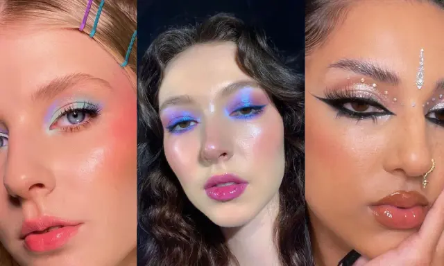 Tres looks de maquillaje para concierto: pastel etéreo, neón vibrante y glitter festivo.