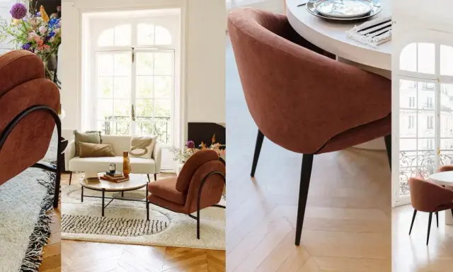 Fauteuils et chaises au tissu doux couleur brun, dans un salon lumineux et une salle à manger moderne.