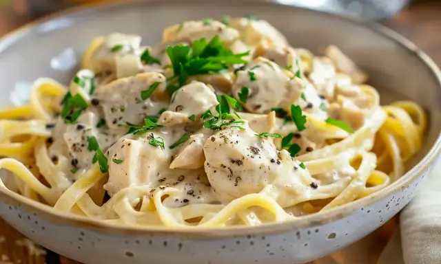 En krämig kyckling pasta med färsk persilja och svartpeppar i en skål.