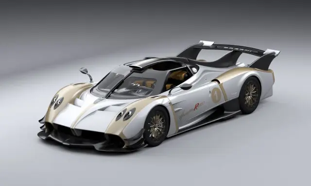 Silber-goldener Pagani Huayra R mit Nummer 1 auf der Seite, bereit für die Rennstrecke.