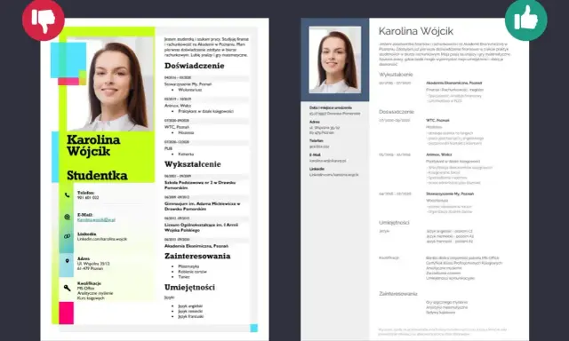 Dwa CV Karoliny Wójcik, studentki finansów i rachunkowości. Jedno z nich jest bardziej rozbudowane, drugie krótsze, co może pomóc w wyborze najlepszego sposobu, jak napisać bio.