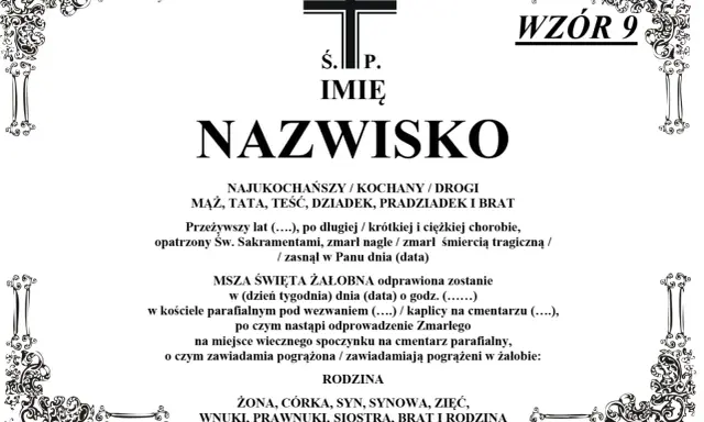 Wzór nekrologu z krzyżem i ozdobnymi ramkami. Informacje o zmarłym, mszy żałobnej i pogrzebie. Czas życia jak klepsydra.