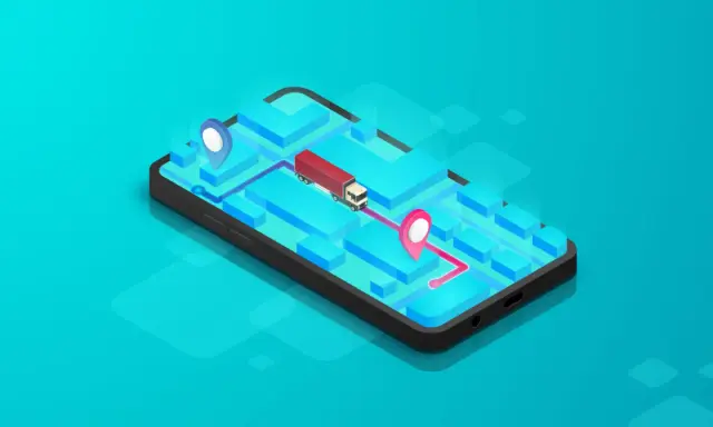Nowoczesne systemy telematyczne na smartfonie: ciężarówka na mapie z zaznaczoną trasą i punktami docelowymi.