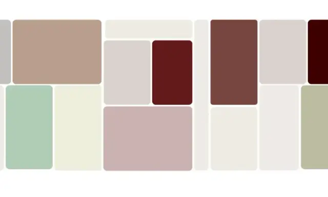 Palette di colori tenui e naturali, con un abbinamento di grigi, beige, verdi salvia e tocchi di bordeaux.
