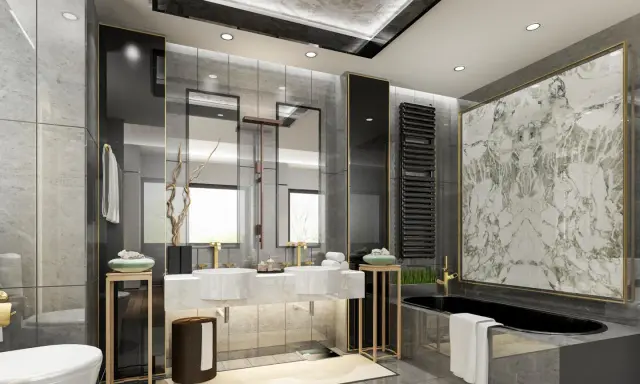Bagni bellissimi immagini: un bagno moderno con vasca nera, doppio lavabo, specchi e finiture in marmo e oro.