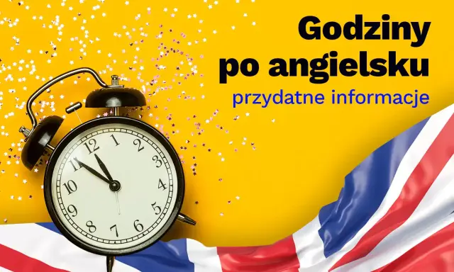 Budzik pokazuje 11:55. 5pm jaka to godzina? Dowiedz się, jak mówić o czasie po angielsku. Flaga Wielkiej Brytanii i gwiazdki.