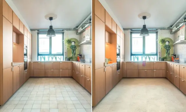 Cucina con pavimento in piastrelle trasformata in un nuovo pavimento moderno, un modo intelligente per cambiare pavimento senza tagliare porte.