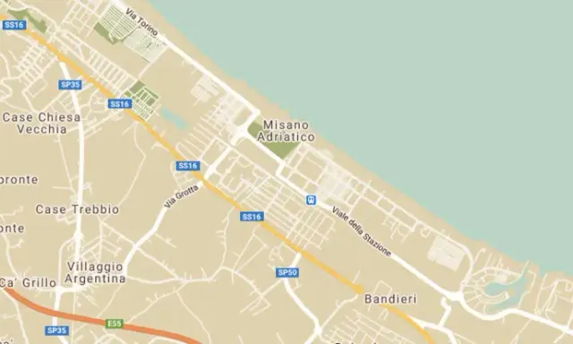 Mappa stradale che mostra la costa adriatica vicino a Misano Adriatico, con strade, autostrade (E55) e località come Case Chiesa Vecchia.
