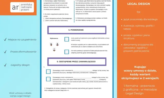 Wzór umowy o dzieło w wersji Legal Design: przejrzyste zasady, miejsce na uzupełnienia i łagodny design.