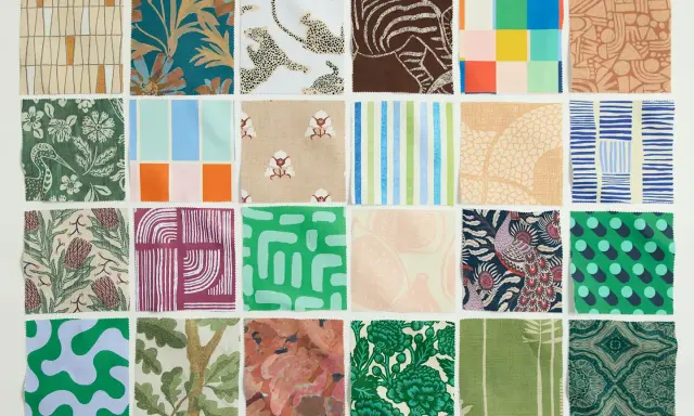 A grid of fabric swatches showcasing diverse fabric patterns: animals, geometric shapes, floral designs, and abstract art.