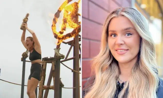 Glädjetjut och eld! En kvinna firar sin seger som Robinson vinnare. Bredvid syns en närbild på hennes leende ansikte.