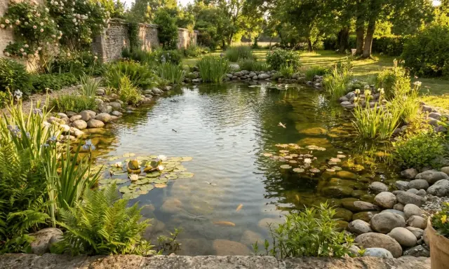 Magnifique aménagement bassin de jardin avec nénuphars, poissons dorés et végétation luxuriante. Un havre de paix naturel.