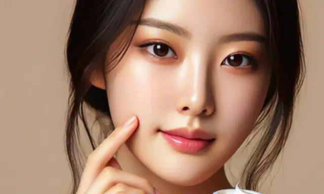 Rostro de mujer con un toque de maquillaje coreano en los ojos, piel radiante y un tarro de crema.