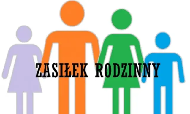 Kolorowe sylwetki rodziny z napisem "ZASIŁEK RODZINNY". Dowiedz się, świadczenia rodzinne do kiedy można pobierać.