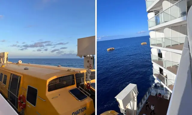 Vista da una nave da crociera: da un lato una scialuppa gialla, dall'altro il mare con altre scialuppe e balconi. Meglio cabina poppa o prua?