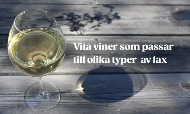 Glas med vitt vin på träbord, perfekt vitt vin till lax.