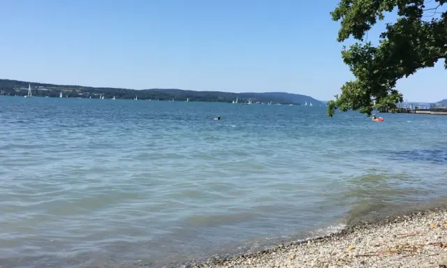 Sonniger Bodensee-Strand, ein echter Geheimtipp. Segelboote gleiten über das Wasser, während ein paar Schwimmer die Ruhe genießen.