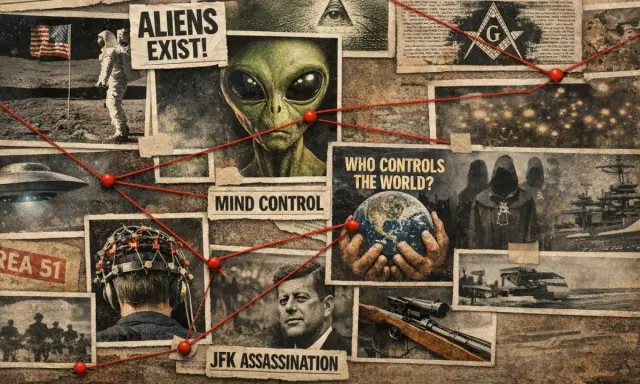 Plakaty z filmów o teoriach spiskowych: kosmici, Area 51, kontrola umysłu, JFK, masoni i tajemnicze postacie.